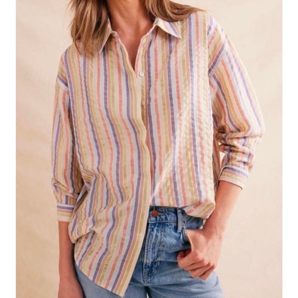 NWT Boden Multicolor Metallic Stripe Oversized Cotton Button‑Down Shirt US 8